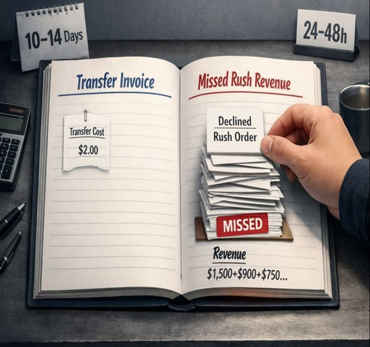 Open ledger comparing $2 transfer invoice vs missed rush revenue from declined orders, 10–14 days vs 24–48h.