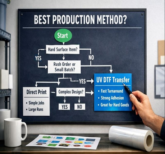 Flowchart board comparing Direct Print vs UV DTF Transfer for hard goods, rush orders, and complex designs.