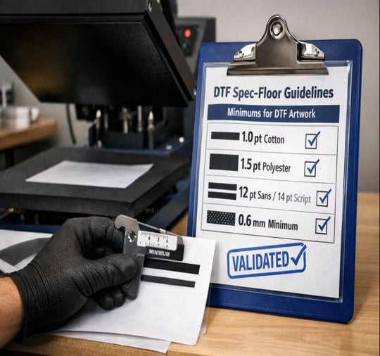 DTF spec-floor checklist on a clipboard beside a heat press, showing minimum line weights and font sizes marked validated.