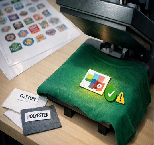 Heat press testing a small color proof tile on a green shirt, with cotton and polyester swatches beside it.