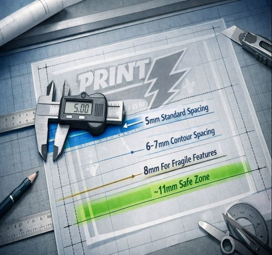 Blueprint-style DTF gang sheet layout showing gutters: 5mm standard, 6–7mm contour, 8mm fragile, ~11mm safe zone.
