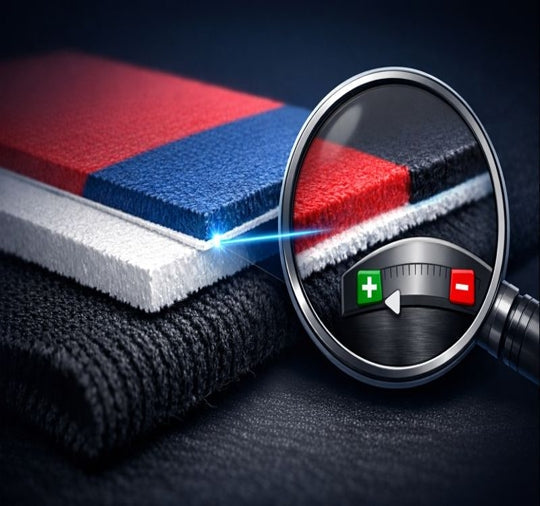 Cutaway view of DTF print layers on fabric under a magnifying glass, highlighting underbase edge alignment.