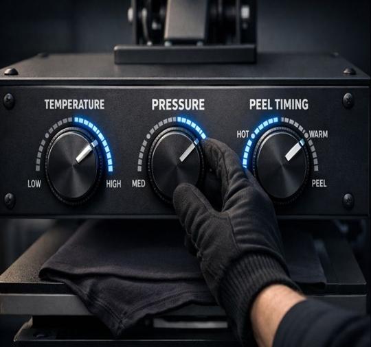 Gloved hand adjusts heat press dials for temperature, pressure, and peel timing for DTF transfers.