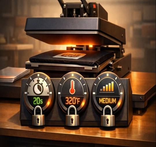 Heat press with three locked dials for time, 320°F temperature, and medium pressure, symbolizing consistent DTF pressing.