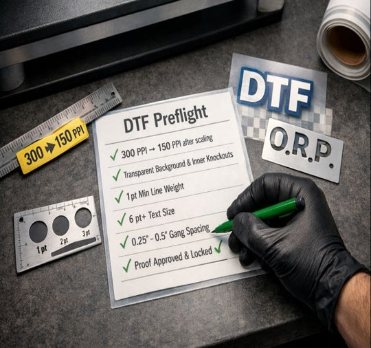 Gloved hand checks a DTF preflight list with PPI scaling, transparency knockouts, minimum line weight, and gang spacing.