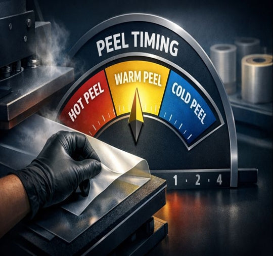 DTF heat press scene with a peel timing dial showing hot, warm, and cold peel zones, hand lifting carrier film.