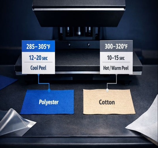 Illustration of DTF press settings baseline comparing polyester and cotton to prevent dye migration.