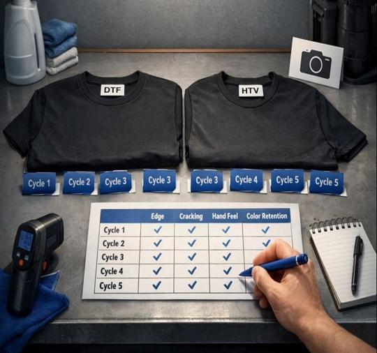 DTF vs HTV five-cycle wash test bench with two labeled shirts and a checklist for edge, cracking, hand feel, color.