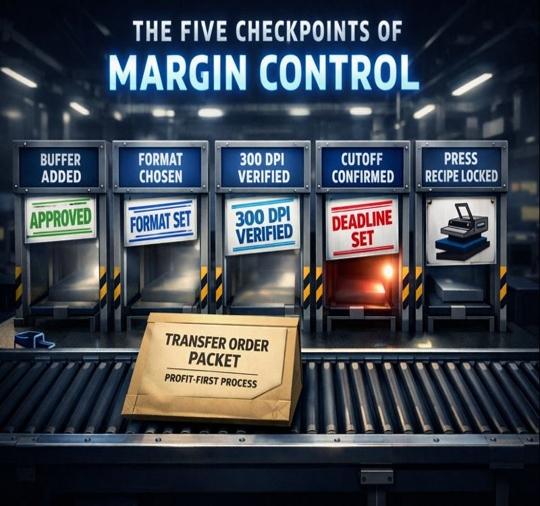 Conveyor with five checkpoints—buffer, format, 300 DPI, cutoff, press recipe—beside a transfer order packet.