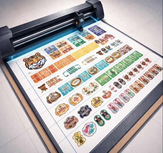 Illustration of a cutting plotter over a gang sheet, with designs packed in rows and blue cut lanes for fast trimming.