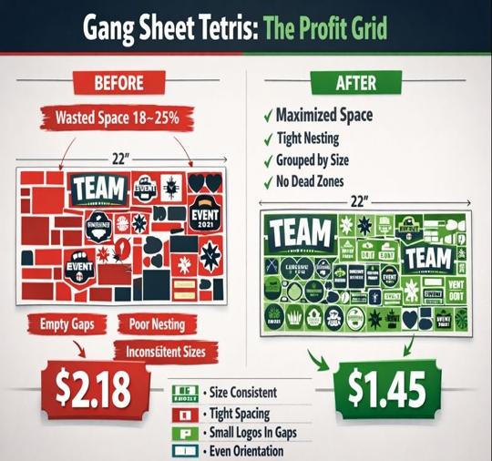 Infographic of a 22" gang-sheet grid with nested designs showing filled dead-space to cut waste and lower cost per transfer.