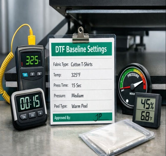 DTF baseline settings card with thermometer, timer, pressure gauge, and humidity meter for heat press readiness.