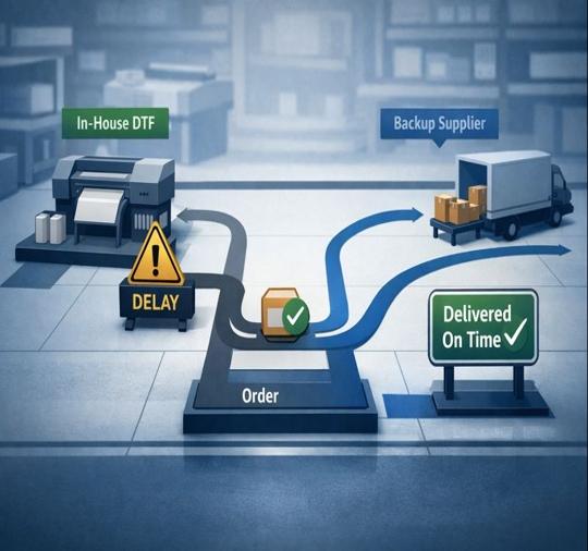 Flowchart shows in-house DTF printer delay rerouted to a backup supplier so the order is delivered on time.