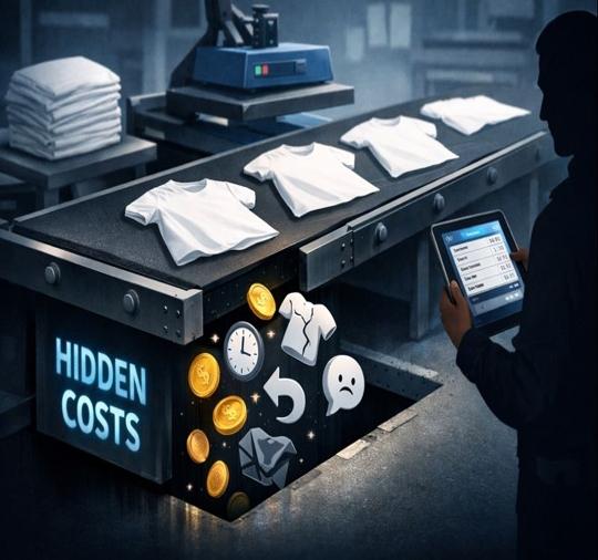 Stylized illustration: shirts on a conveyor leaking coins and cost icons into a dark drain while an operator checks a tablet.