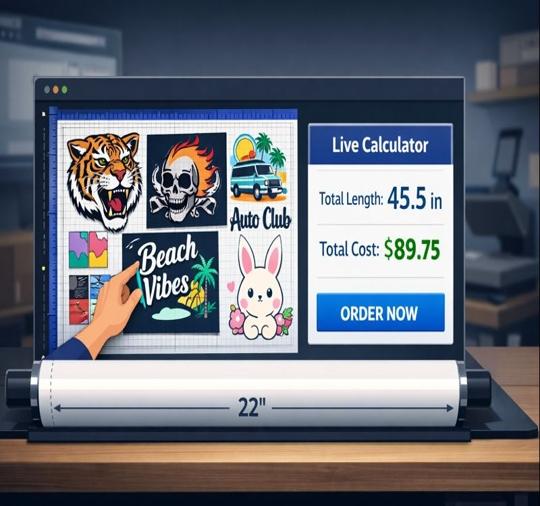Stylized 2D dashboard of a DTF gang-sheet builder showing arranged artwork tiles and a live length & price calculator.