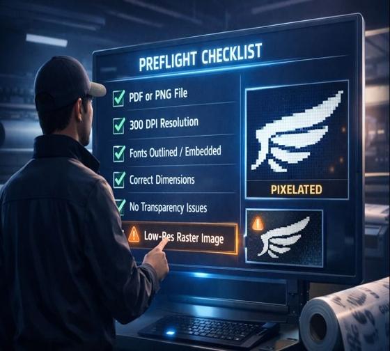 Stylized preflight console showing a floating file thumbnail, 300 DPI grid, green checkmarks and warning icons for export issues.