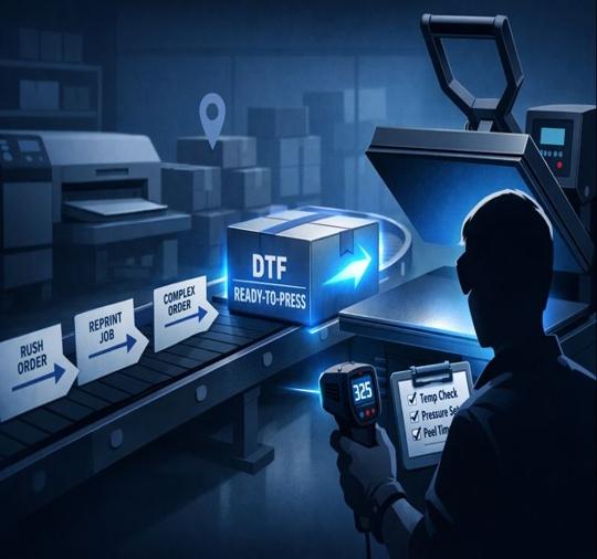 Stylized illustration of a DTF transfer relayed from production to a heat press, showing a fast backup workflow.