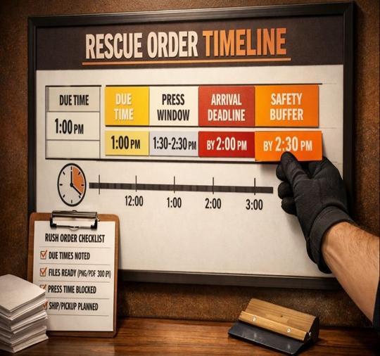 Operational planning board showing four deadline times and a highlighted 2 PM cutoff for rescue orders.