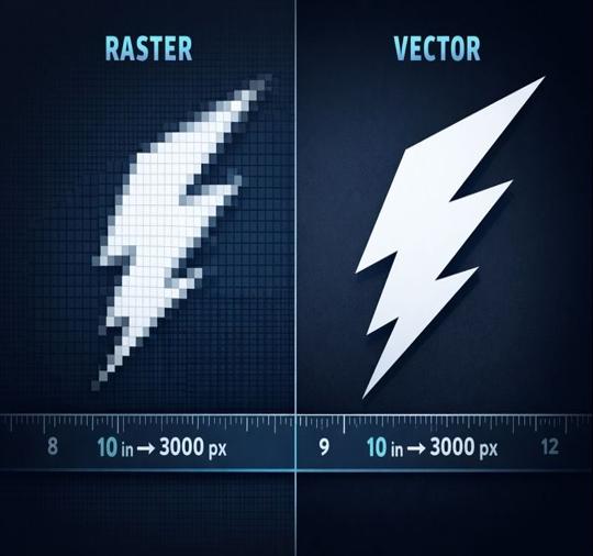 Split-screen illustration: left shows enlarged pixelated raster, right shows a sharp scalable vector demonstrating scale differences.