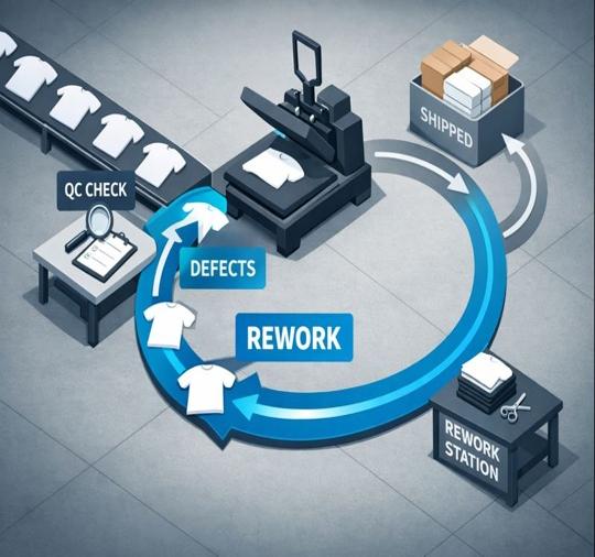 Illustration of QC check flagging defects that loop shirts back through a heat press rework cycle before shipping.