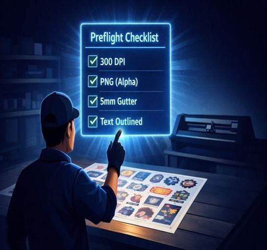 Operator tapping a glowing preflight checklist over a gang sheet in a print shop.