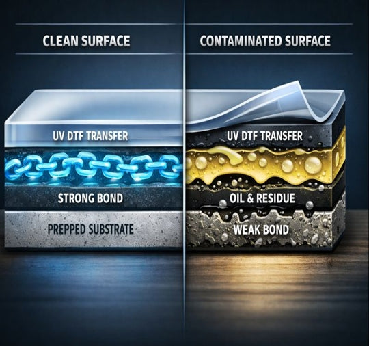 Split cutaway showing UV DTF transfer bonding: clean prepped substrate forms strong bond; oily surface lifts and fails.