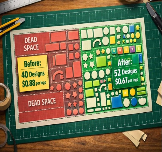 Optimized UV DTF gang sheet on a workbench, tightly nested logos showing minimal dead space for higher yield.