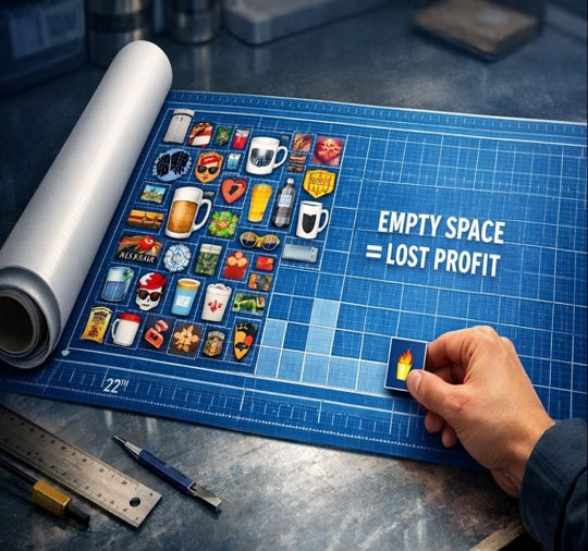 Hand placing a sticker on a UV DTF gang sheet blueprint; grid highlights unused space as lost profit.