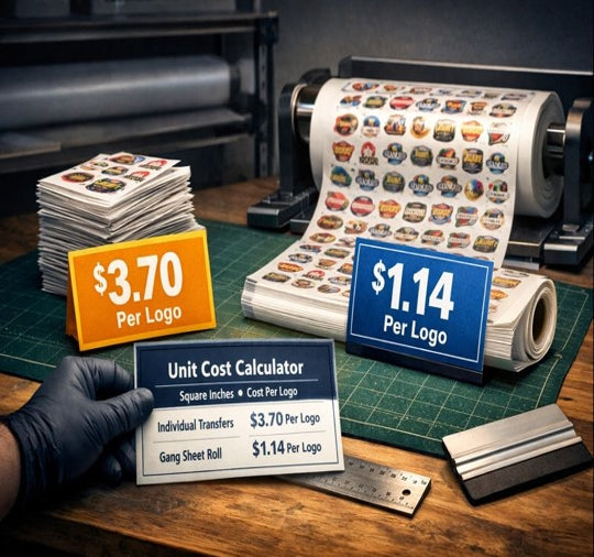 Desk scene comparing individual UV DTF transfers vs a gang sheet roll, showing $3.70 vs $1.14 per logo.
