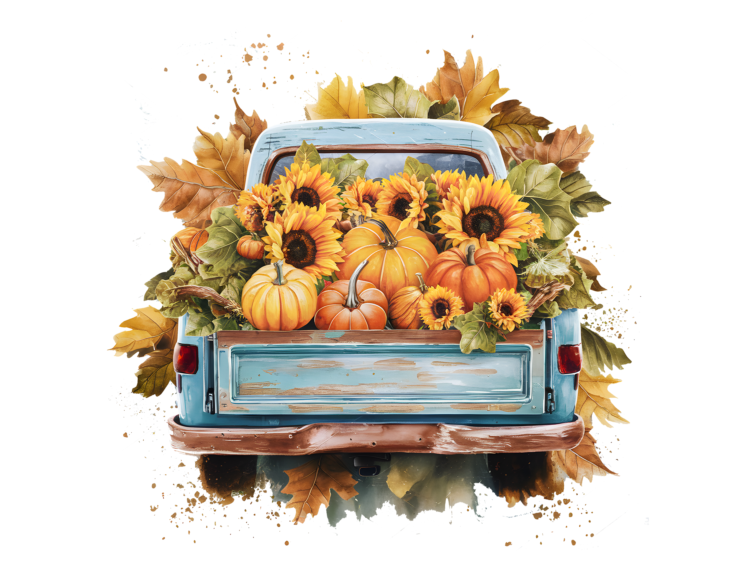 Blue Truck Filled With Pumpkins And Sunflowers DTF Transfer