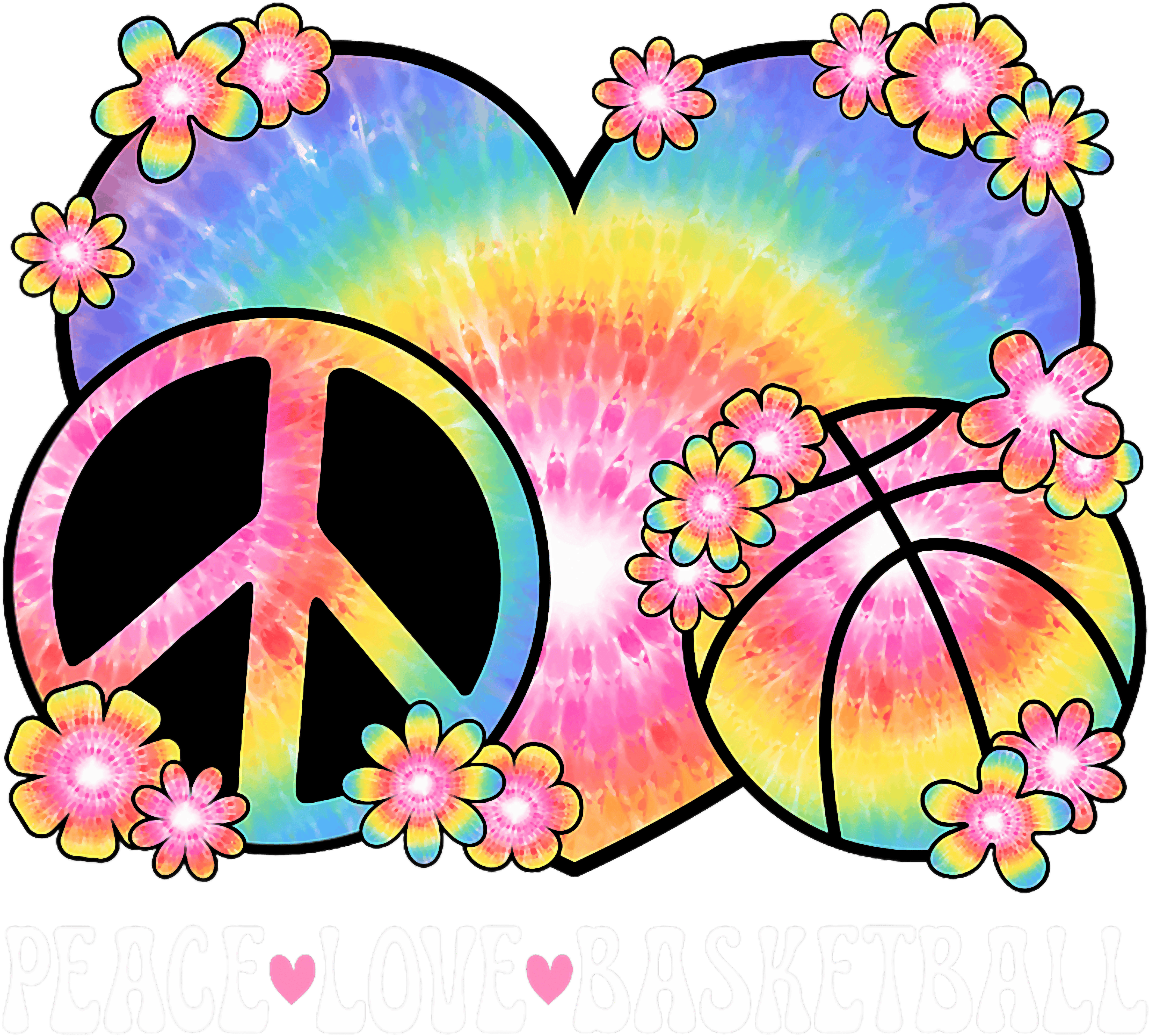 Peace Love Basketball Tie Dye Flowers DTF Transfer