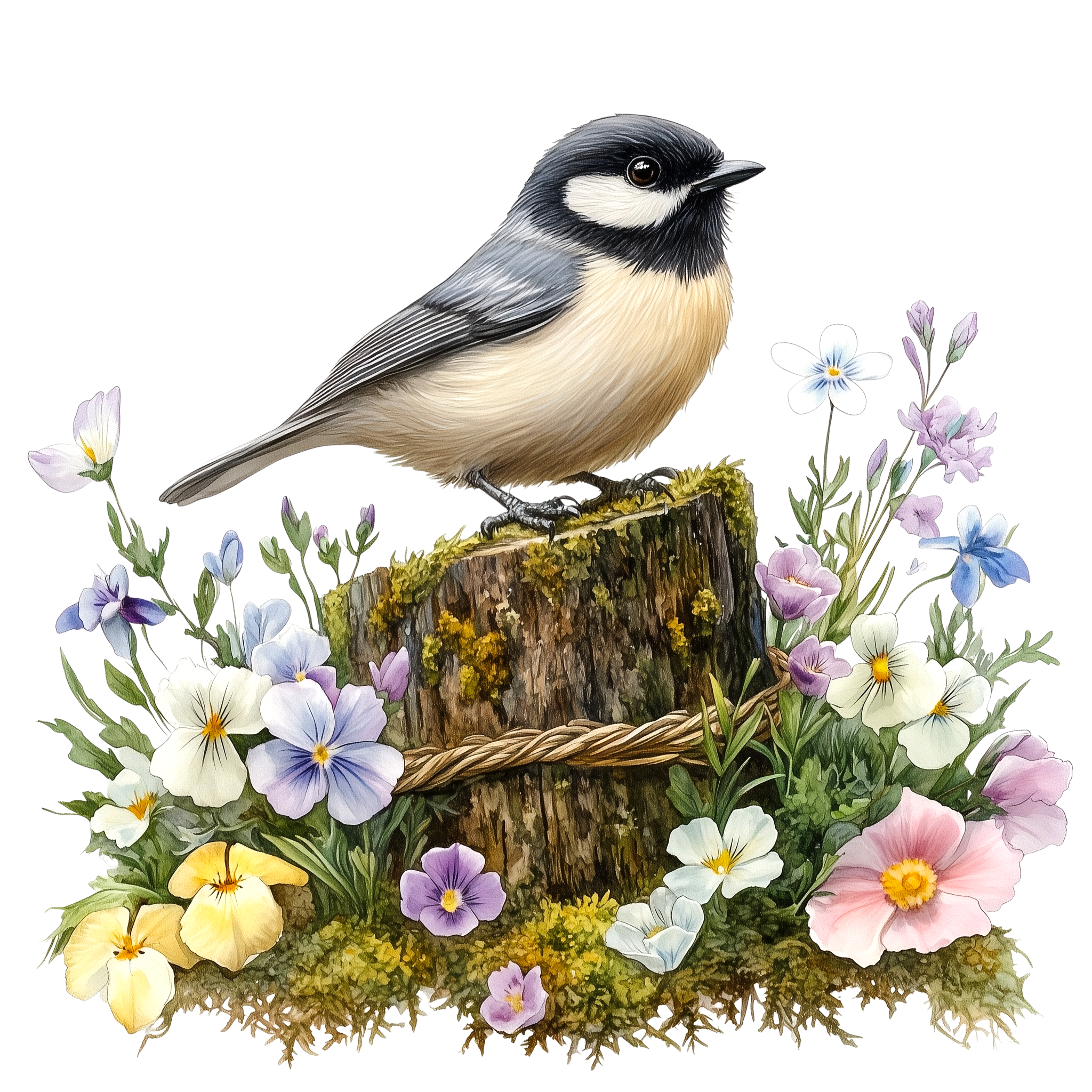 Black Capped Chickadee Pansy Garden DTF Transfer