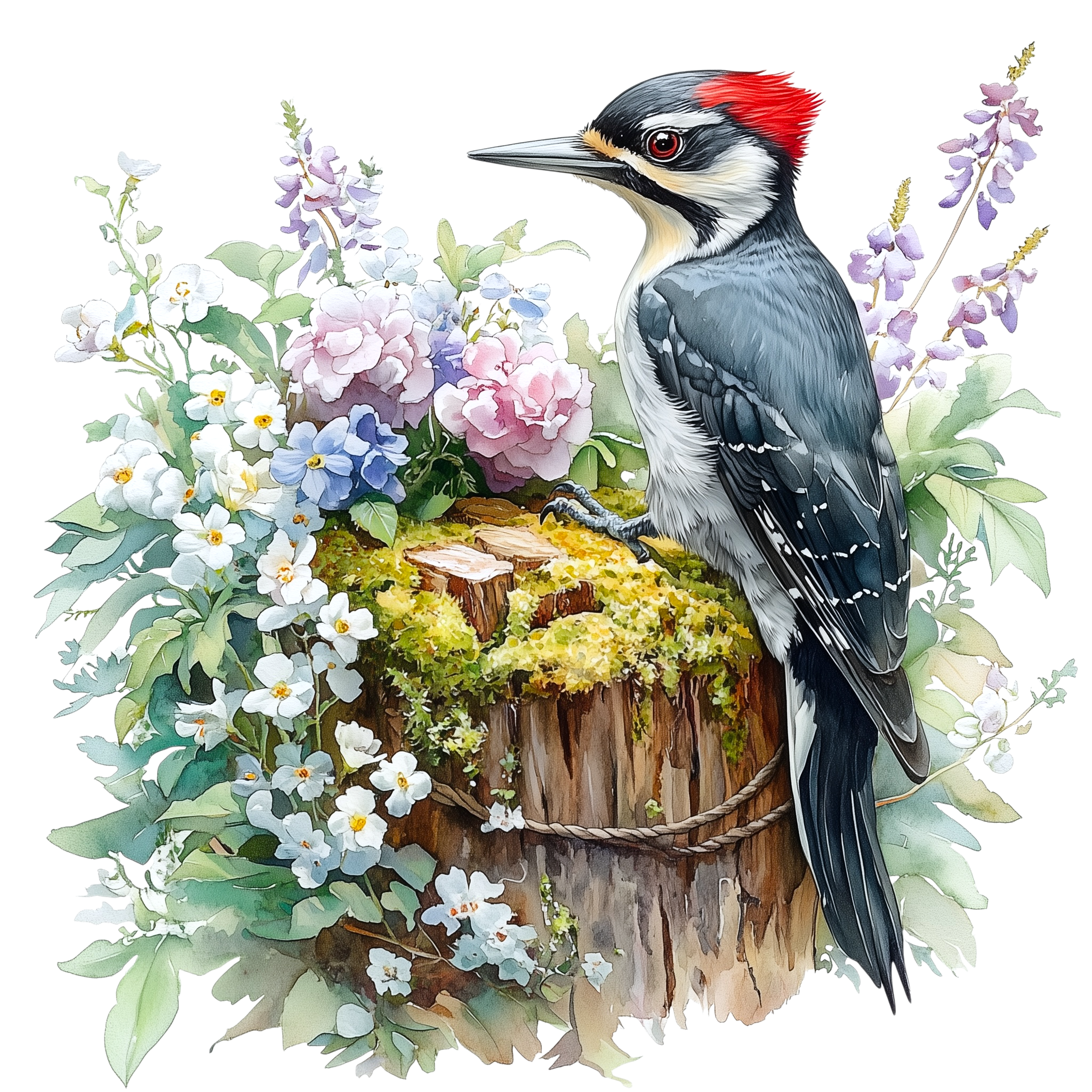 Downy Woodpecker Floral Woodland DTF Transfer