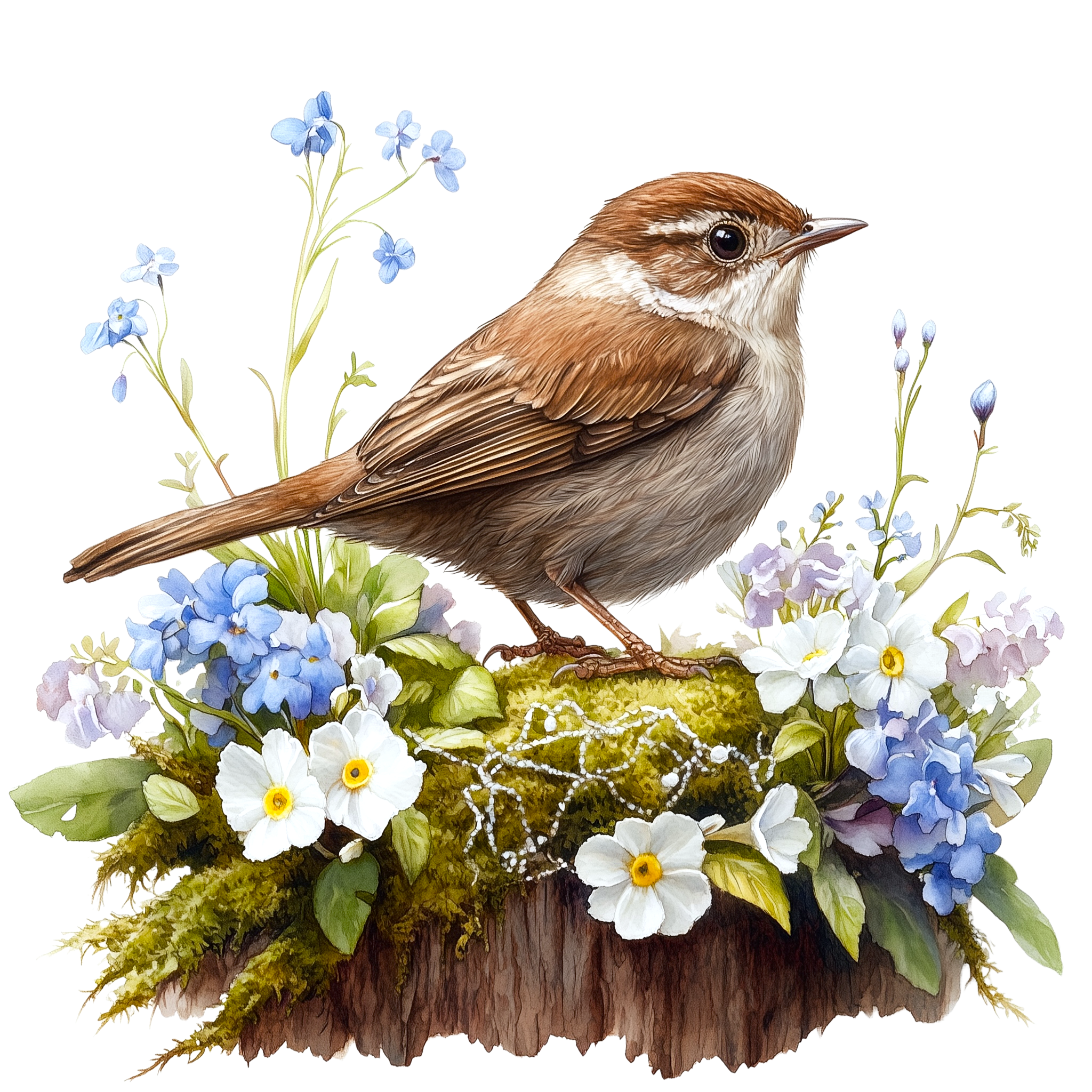 Brown Wren Forget Me Not Watercolor DTF Transfer