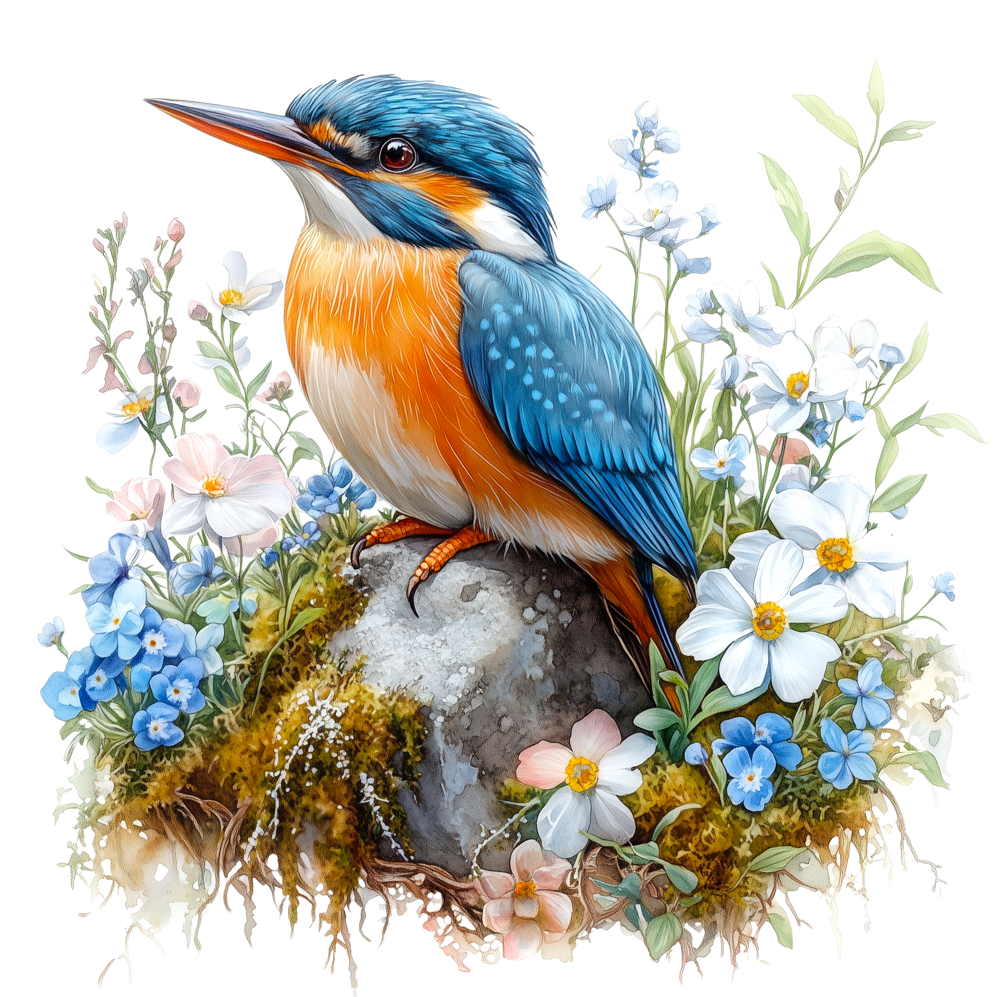 Kingfisher Spring Flowers Watercolor DTF Transfer