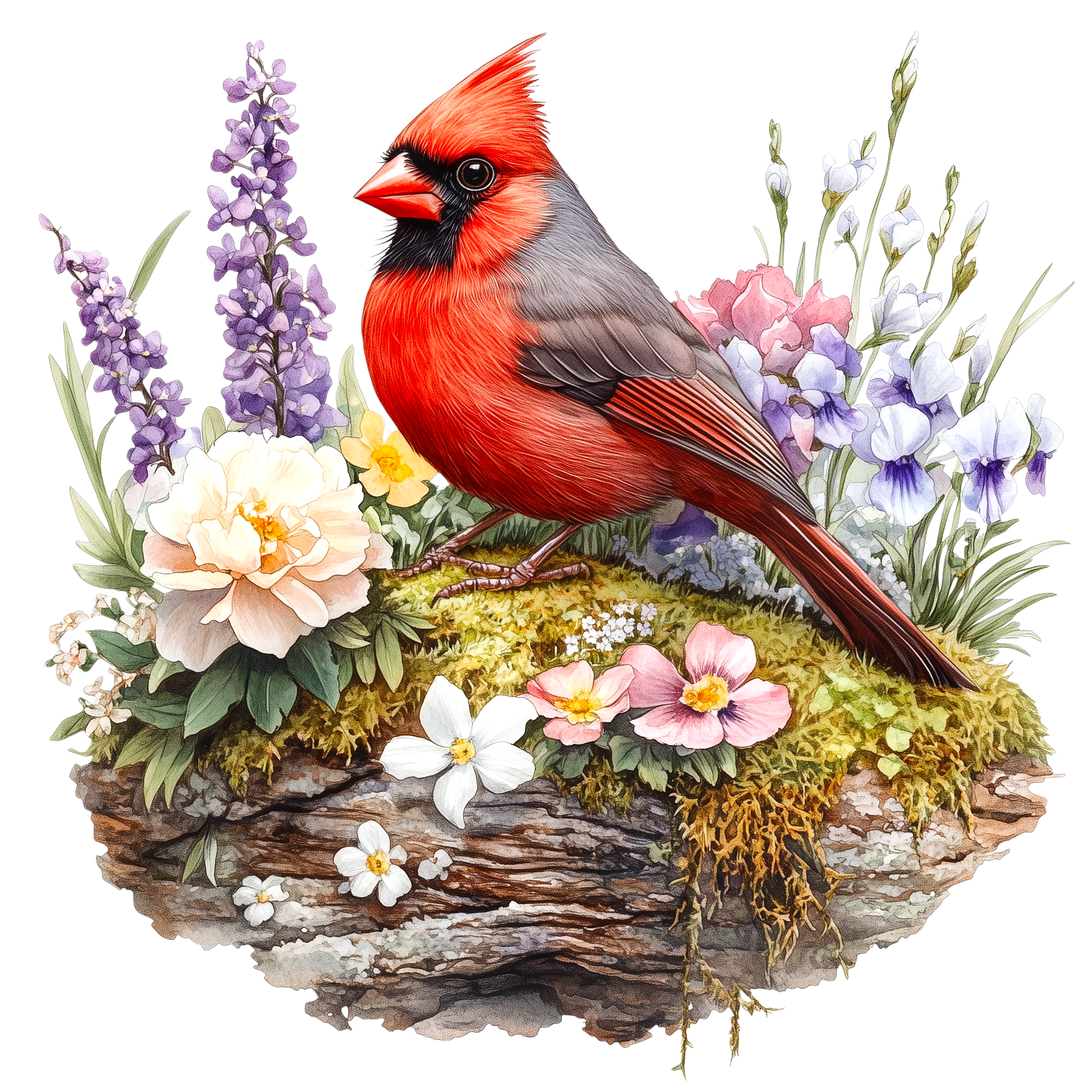 Northern Cardinal Floral Garden Watercolor DTF Transfer