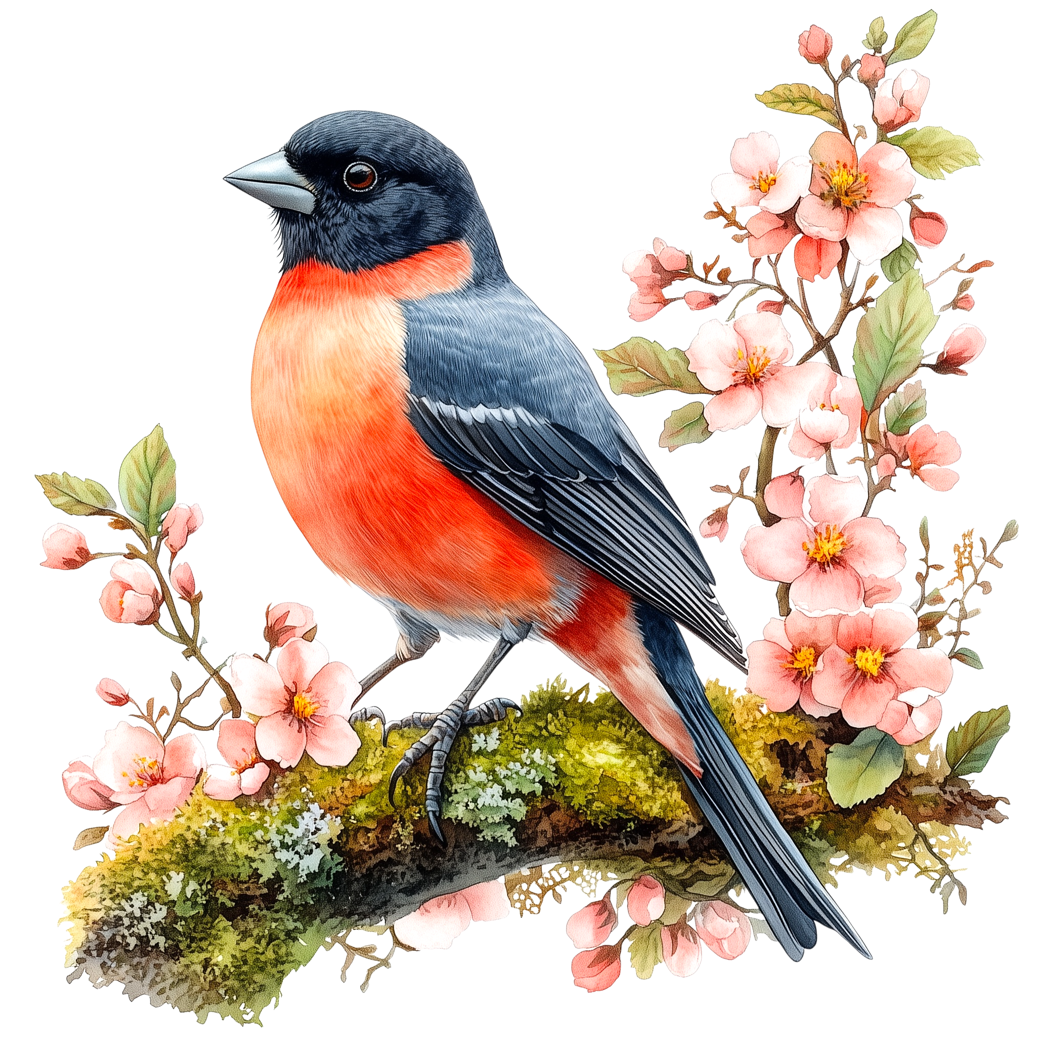 Bullfinch Apple Blossom Watercolor DTF Transfer