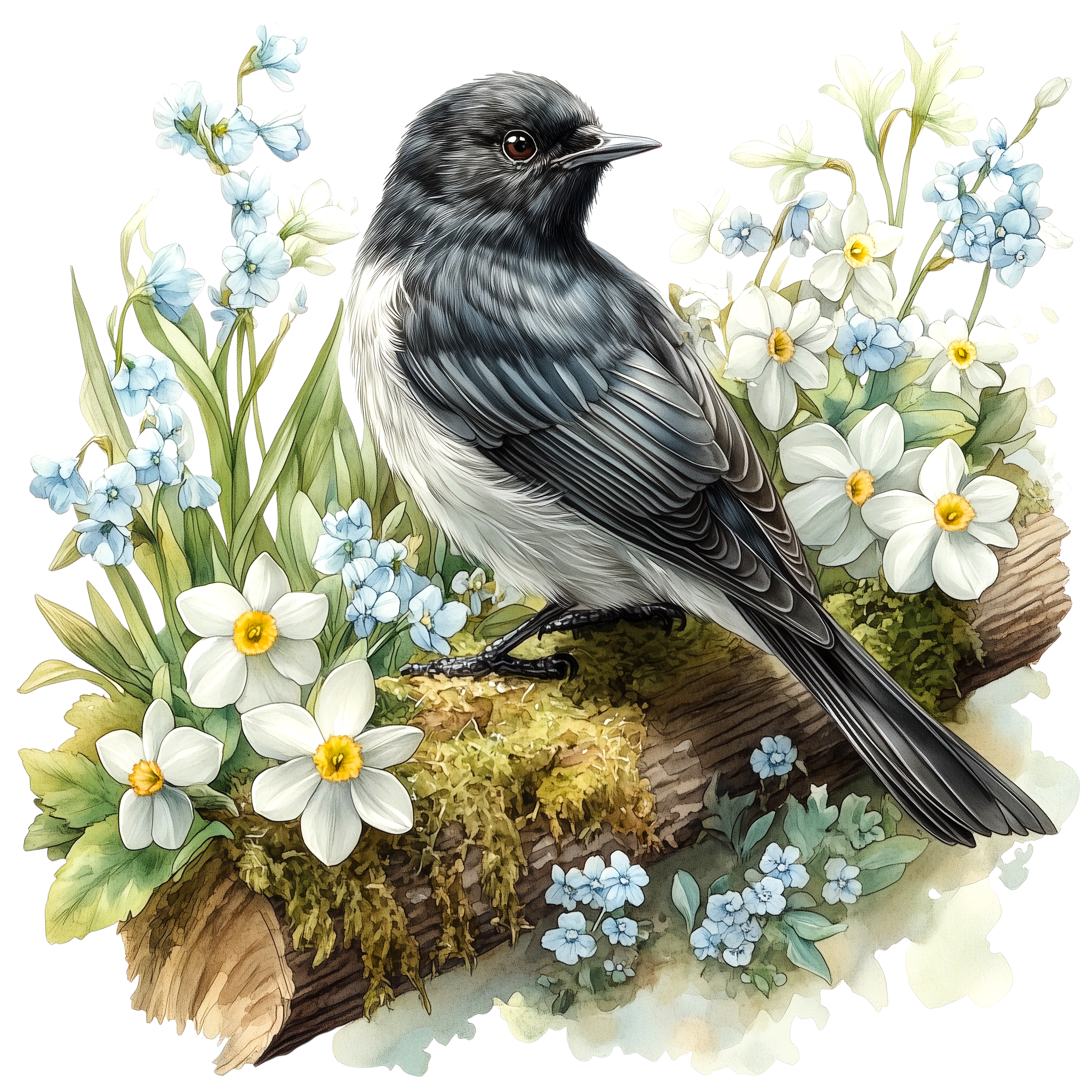 Black Phoebe Spring Floral Watercolor DTF Transfer