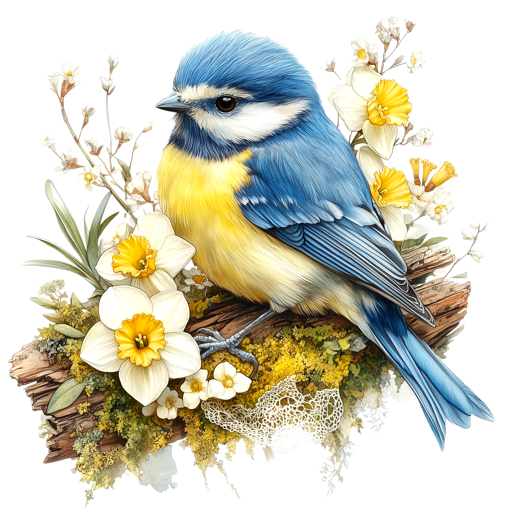 Blue Tit Daffodil Garden Watercolor DTF Transfer
