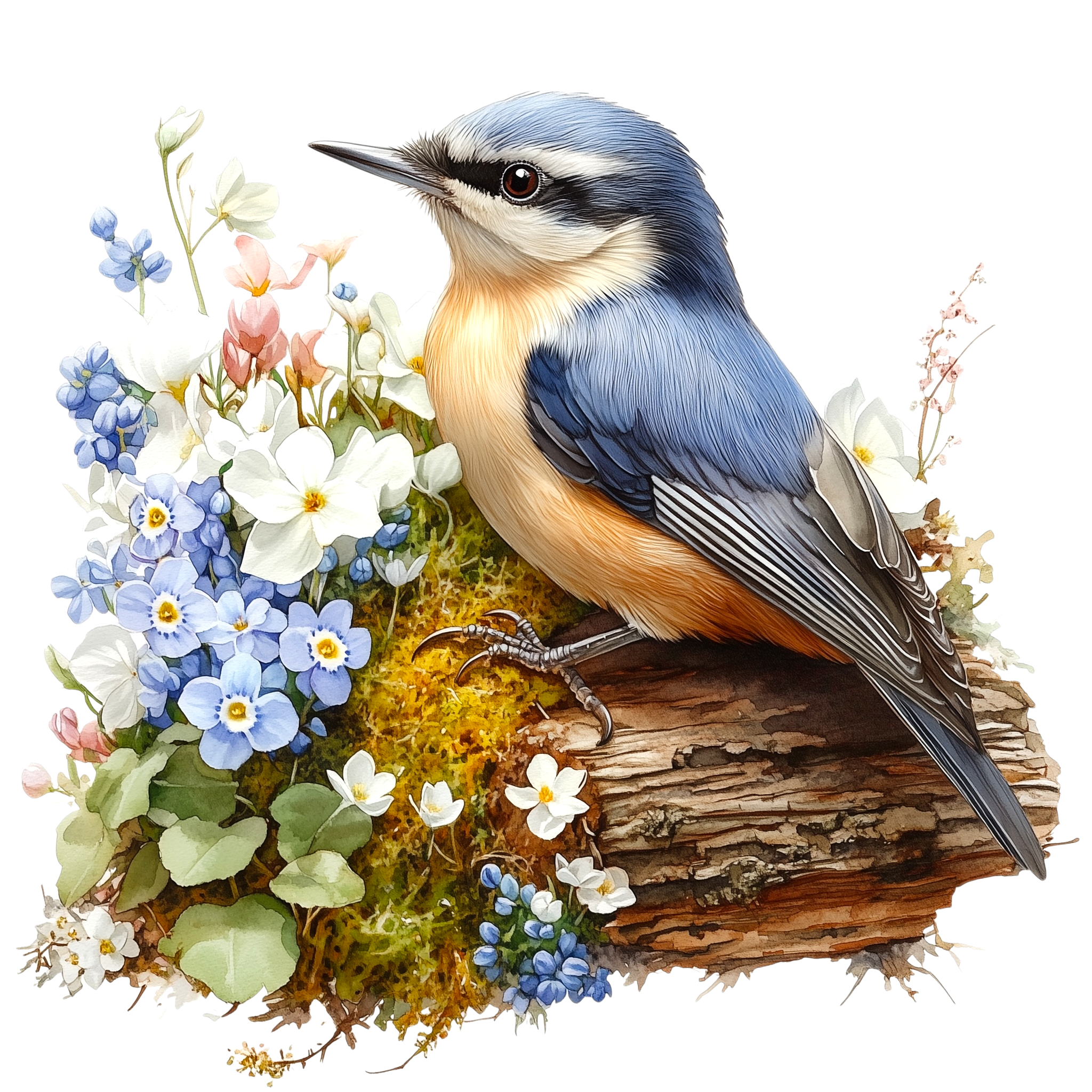 Nuthatch Forget Me Not Garden DTF Transfer