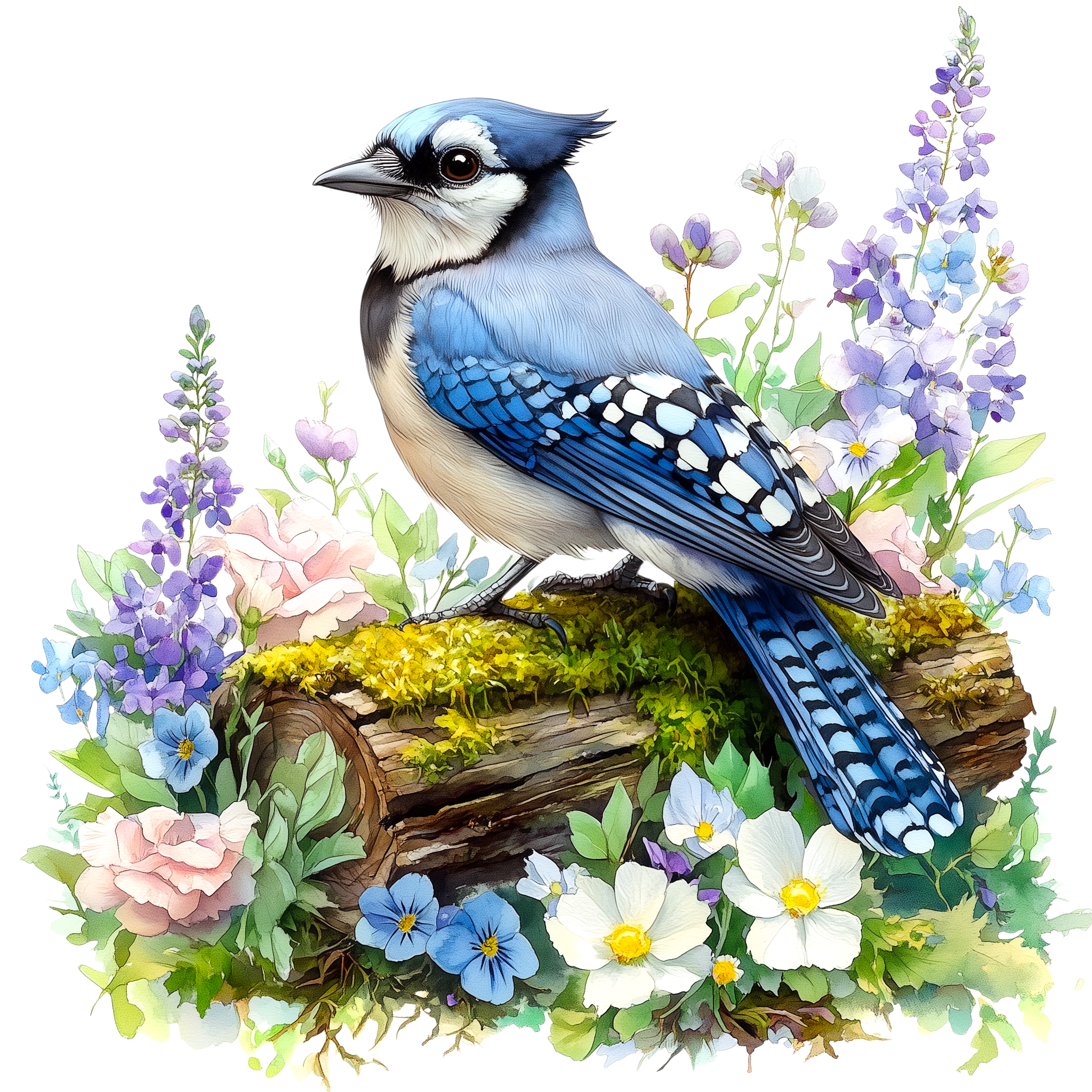 Blue Jay Wildflower Garden Watercolor DTF Transfer