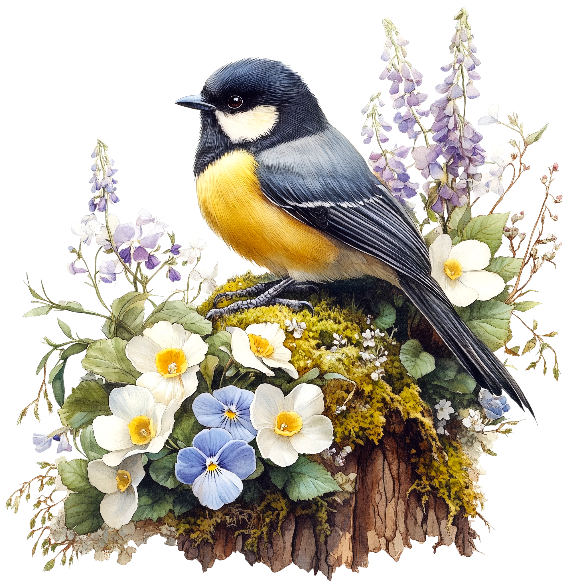 Great Tit Woodland Flowers DTF Transfer
