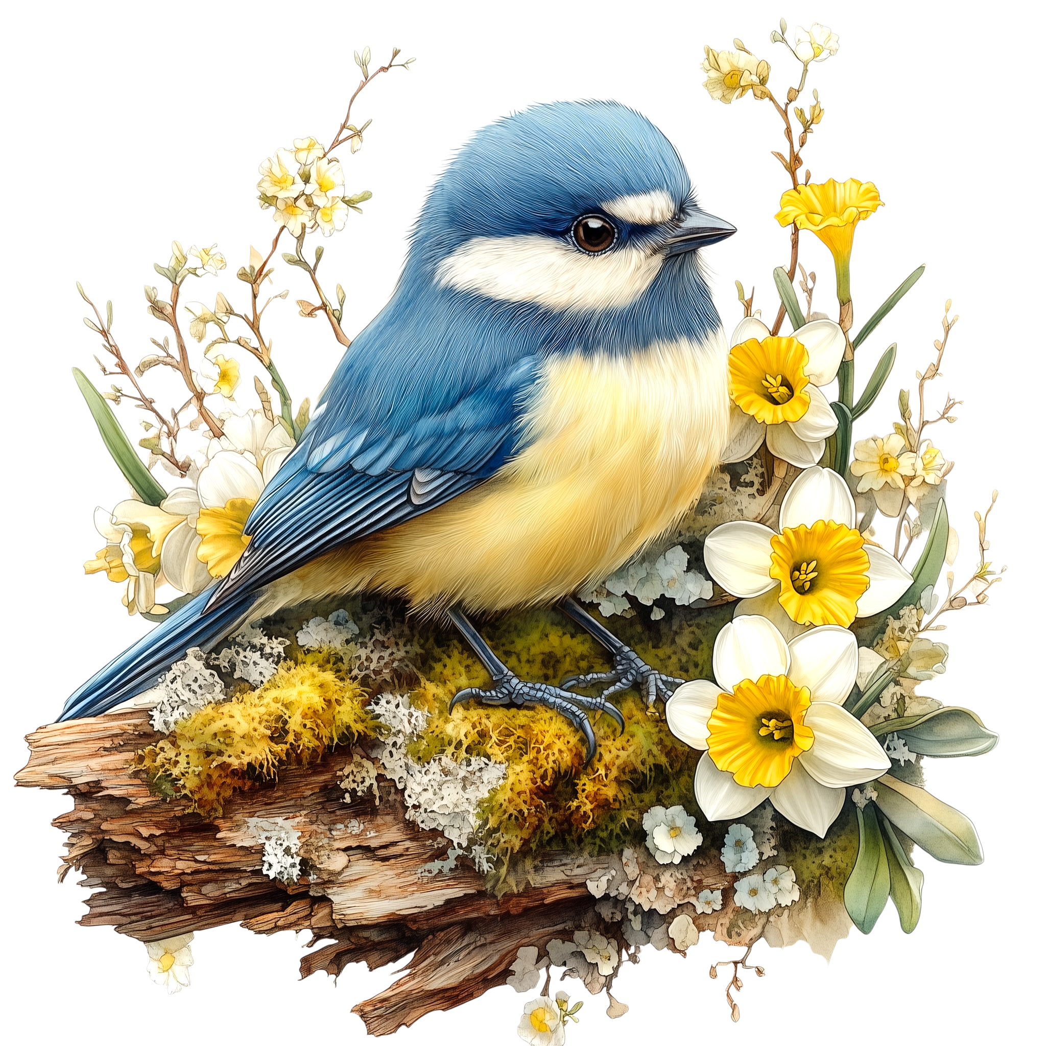 Blue Tit Daffodil Garden Watercolor DTF Transfer