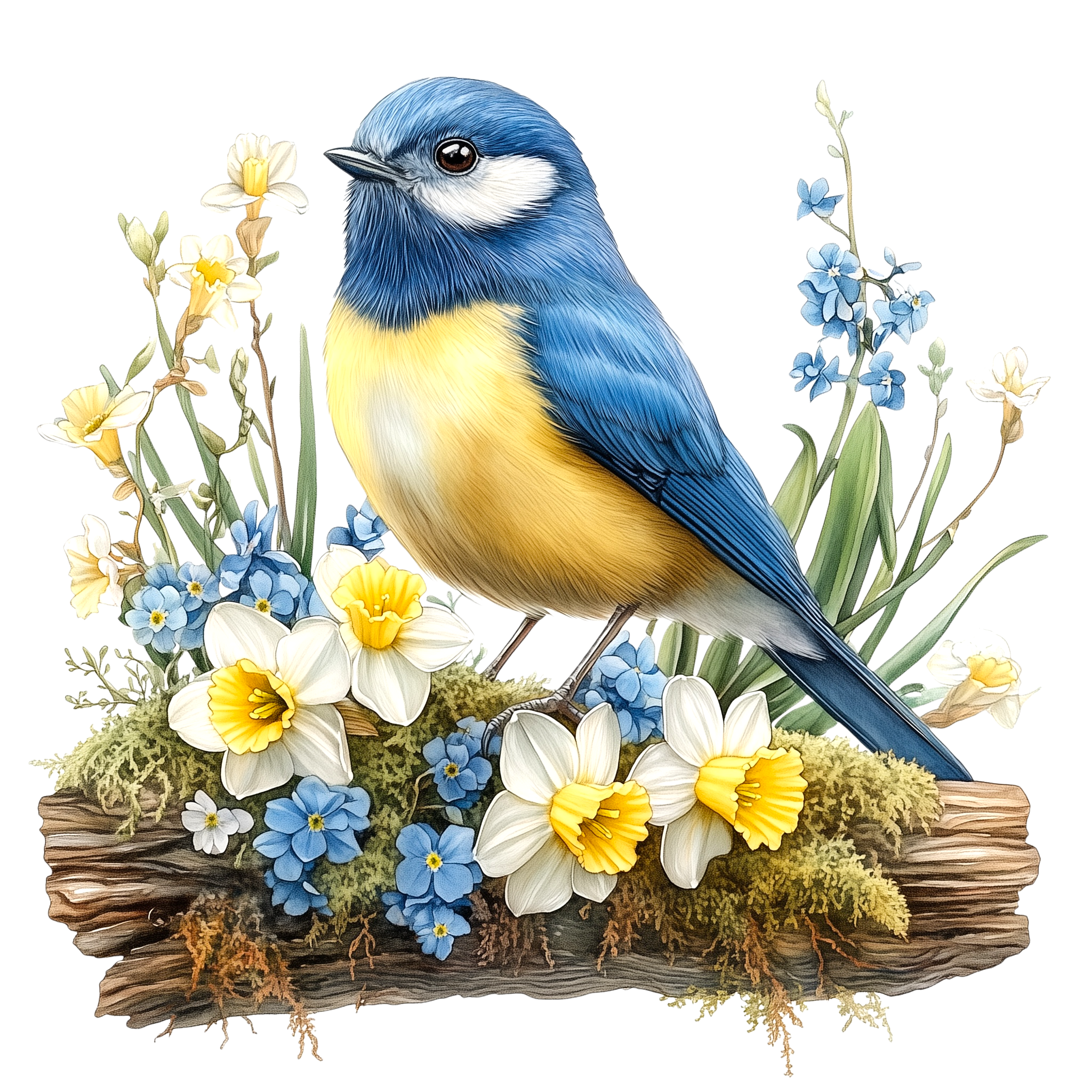 Blue Tit Spring Flower Watercolor DTF Transfer
