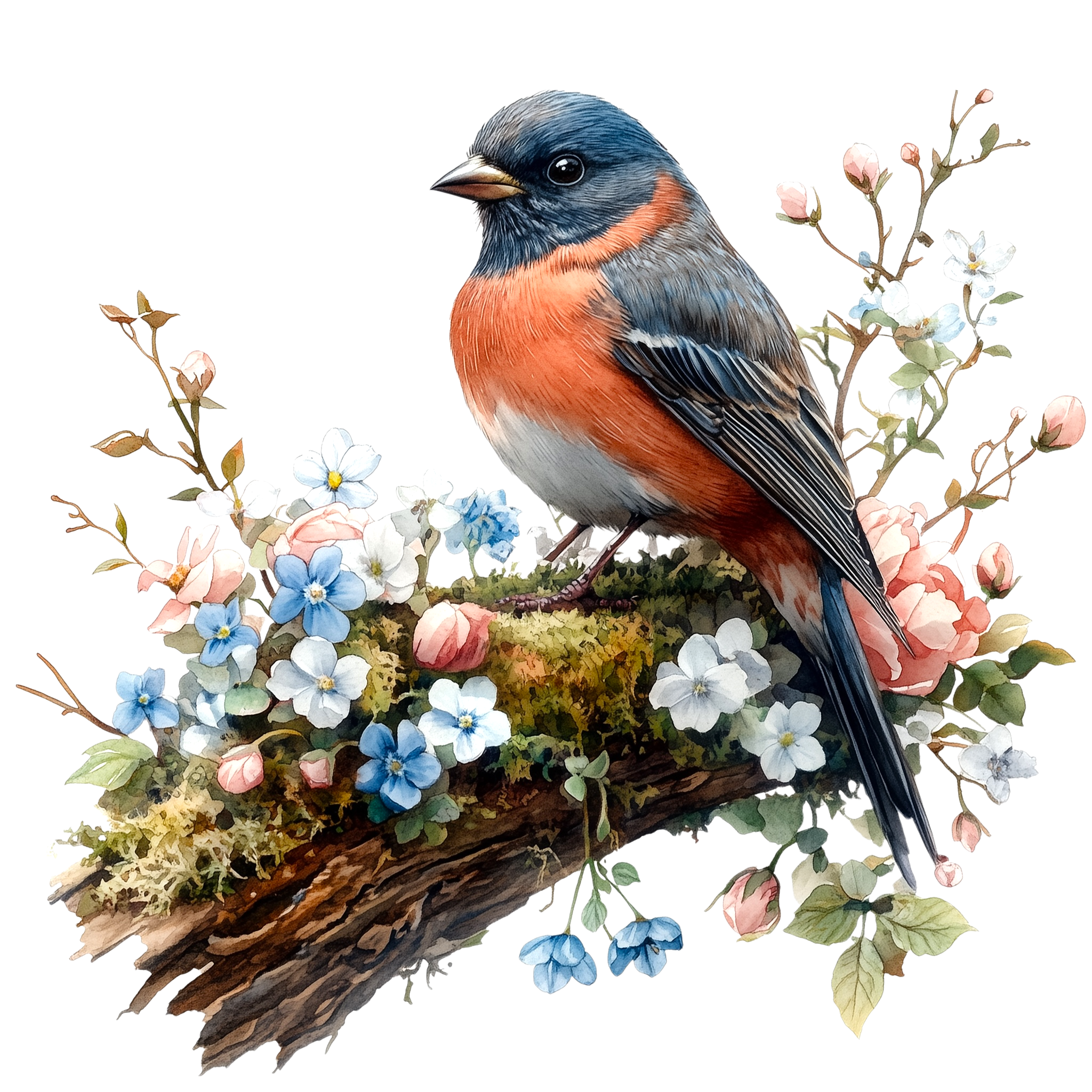 Bullfinch Apple Blossom Watercolor DTF Transfer