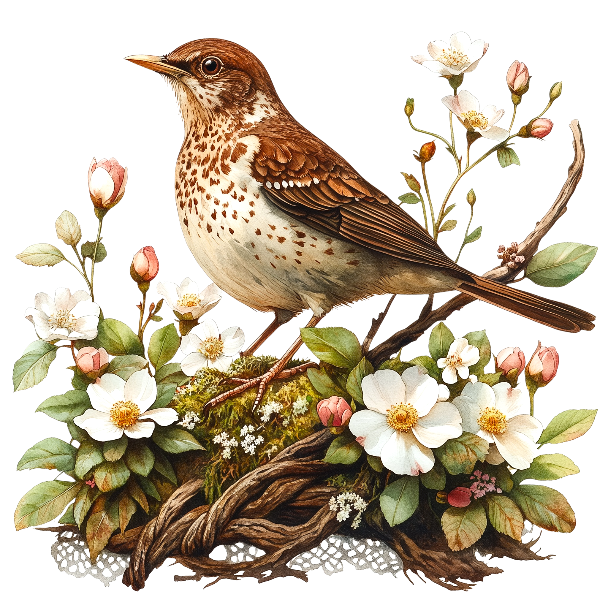 Song Thrush Wild Rose Watercolor DTF Transfer