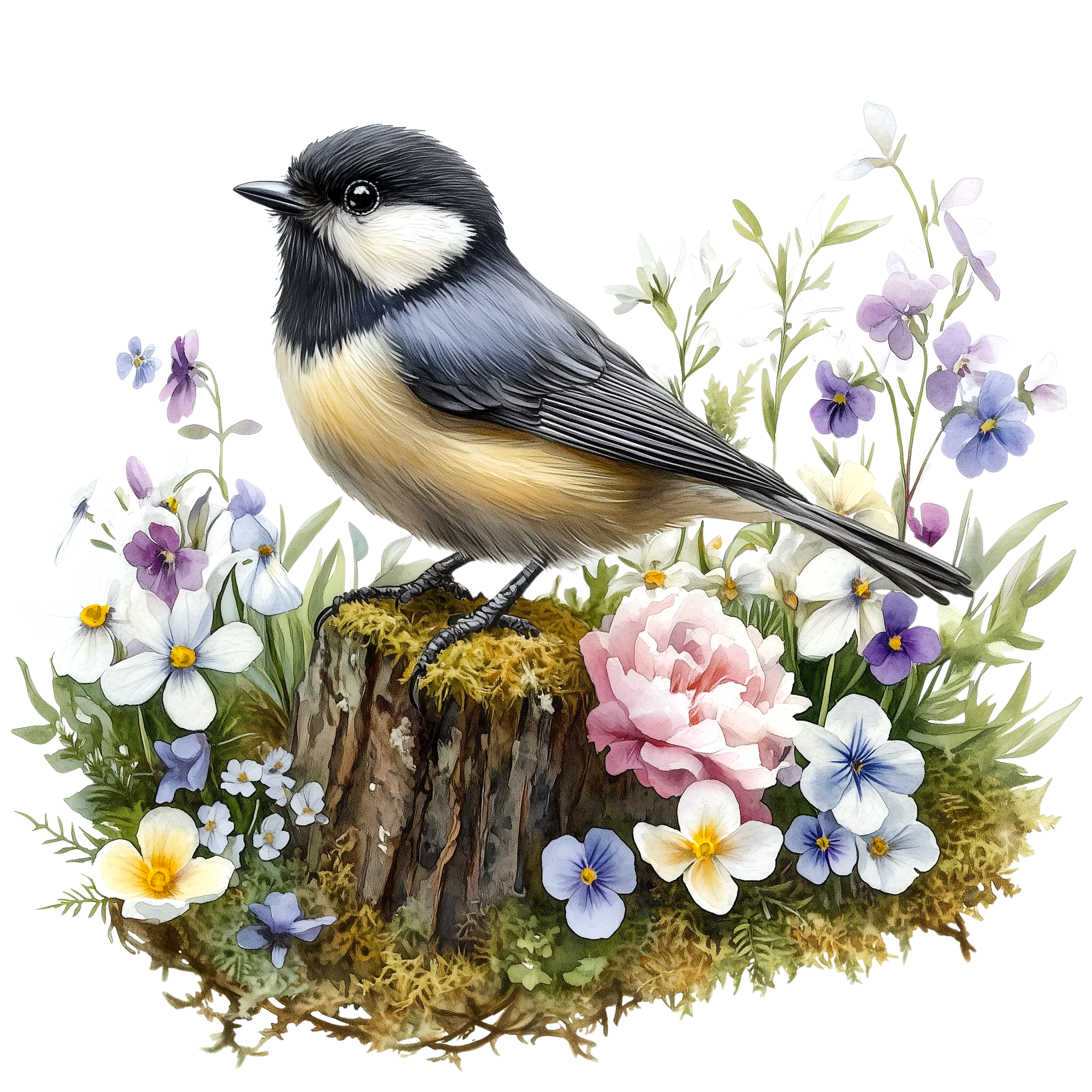 Black Capped Chickadee Pansy Garden DTF Transfer