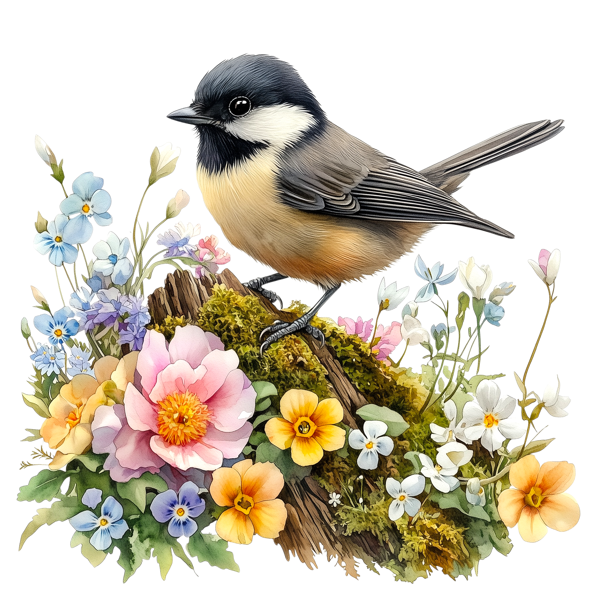 Black Capped Chickadee Floral Woodland DTF Transfer