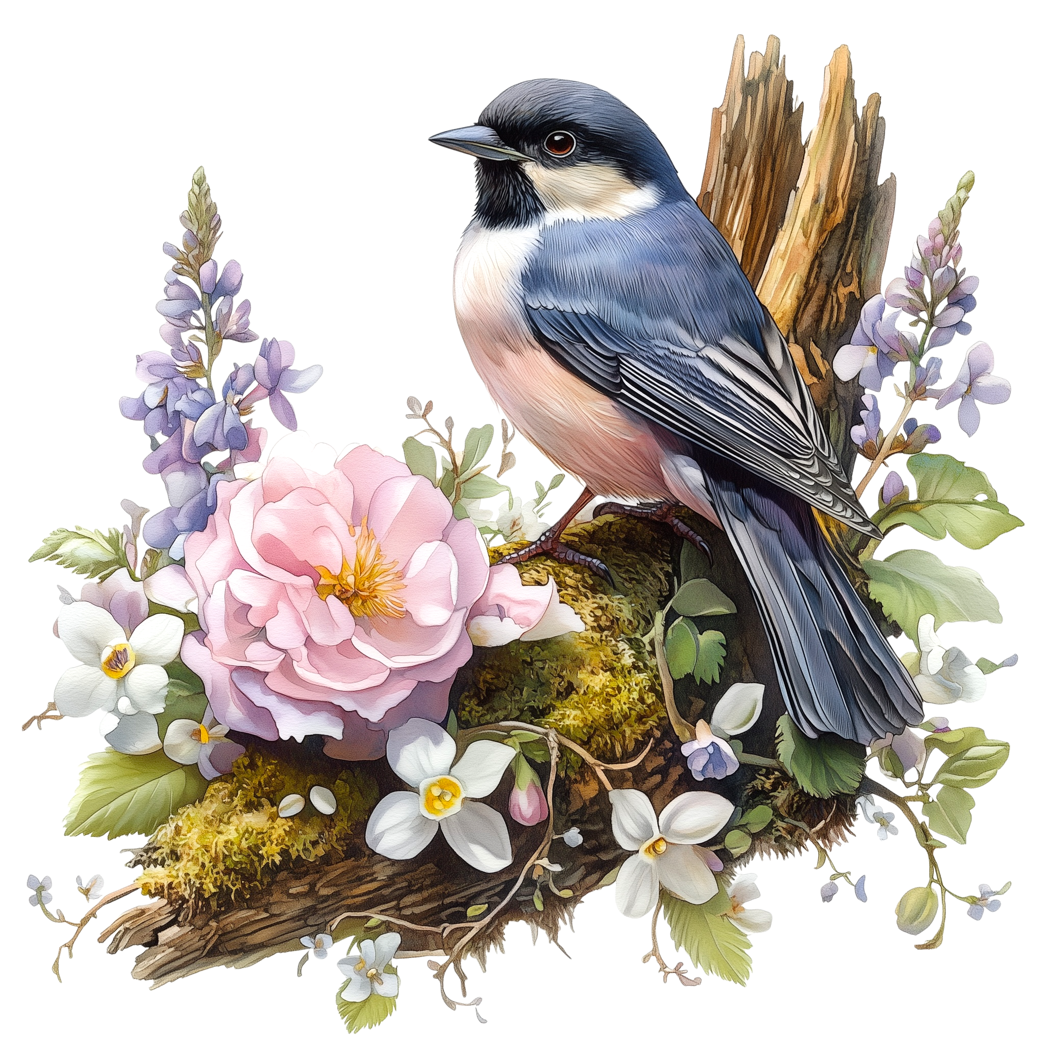 Black Capped Chickadee Floral Watercolor DTF Transfer