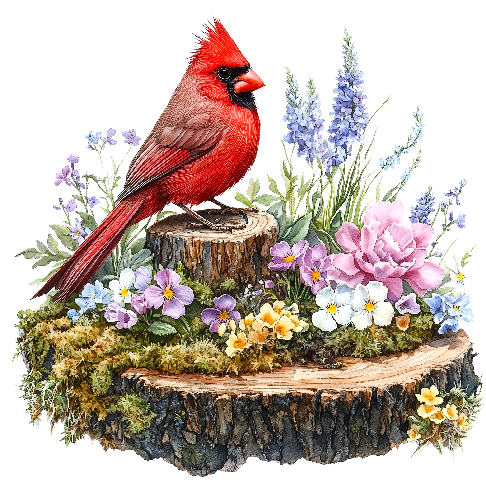 Northern Cardinal Spring Garden Watercolor DTF Transfer
